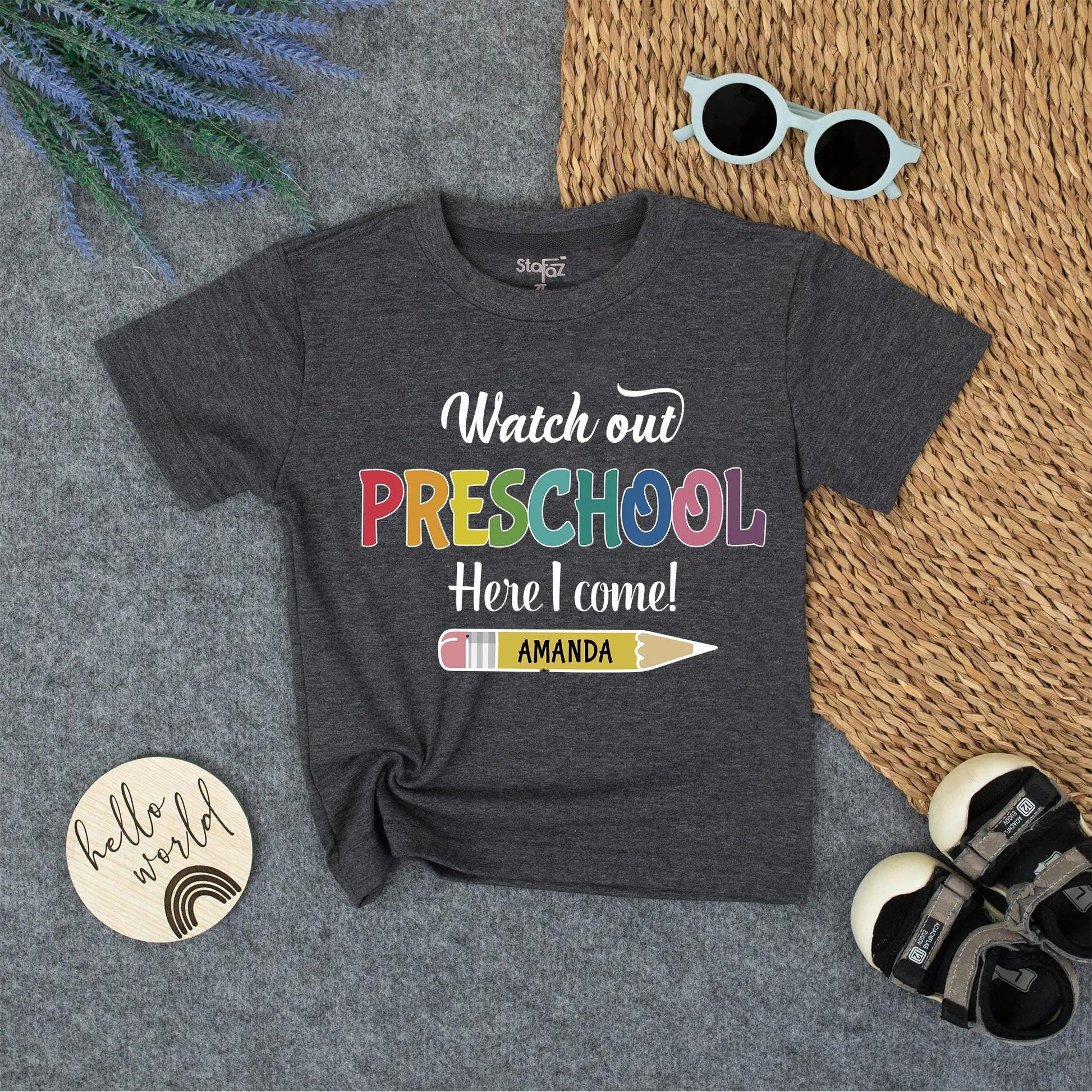 Watch Out Preschool, Here I Come! Shirt Personalized Pencil Back to School Tee First Day Outfit, Rainbow Pre-K Toddler, Custom Name Gift, Kids Clothes