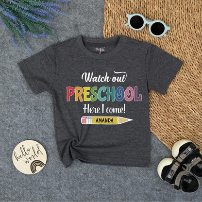 Watch Out Preschool, Here I Come! Shirt Personalized Pencil Back to School Tee First Day Outfit, Rainbow Pre-K Toddler, Custom Name Gift, Kids Clothes