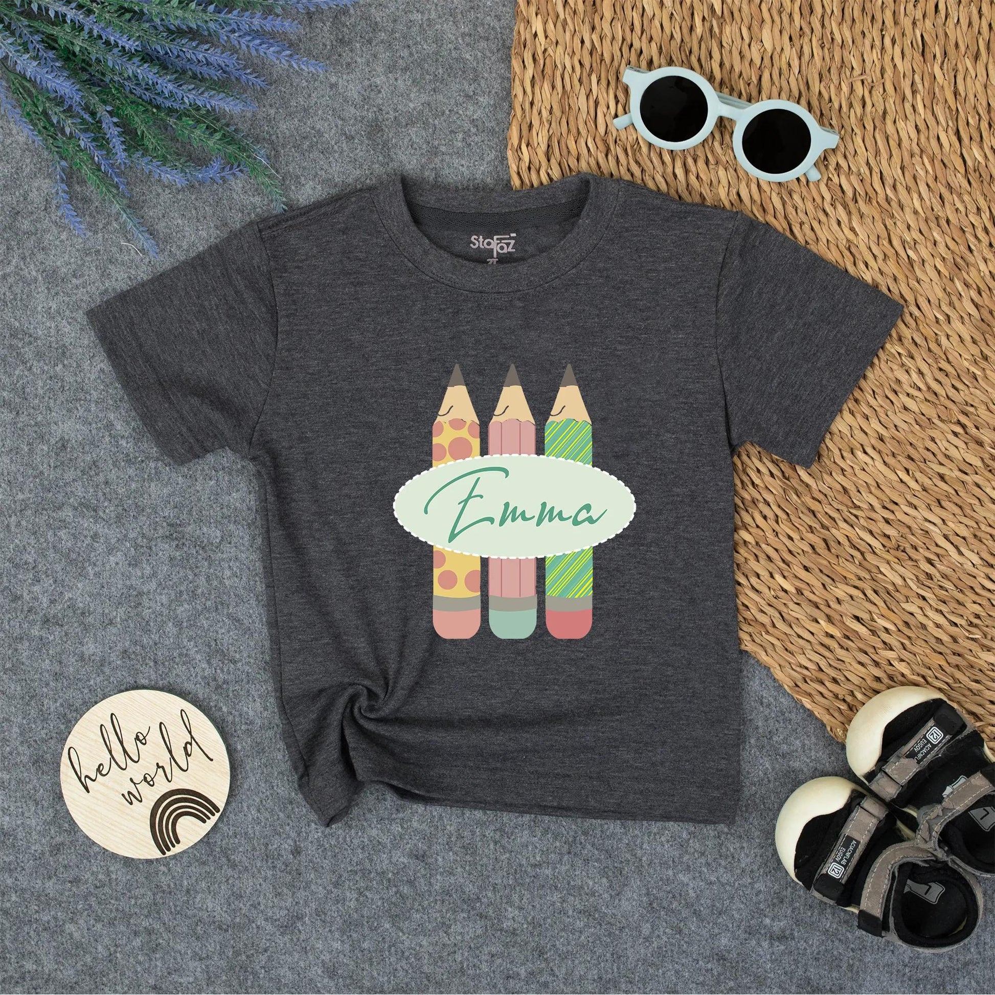 Personalized Kids Back to School Pencil Shirt with Name, whimsical pink polka dot and green striped design for toddler girls first day outfit