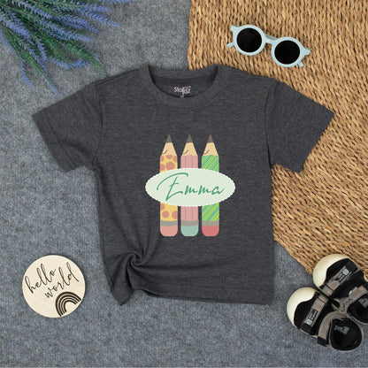 Personalized Kids Back to School Pencil Shirt with Name, whimsical pink polka dot and green striped design for toddler girls first day outfit