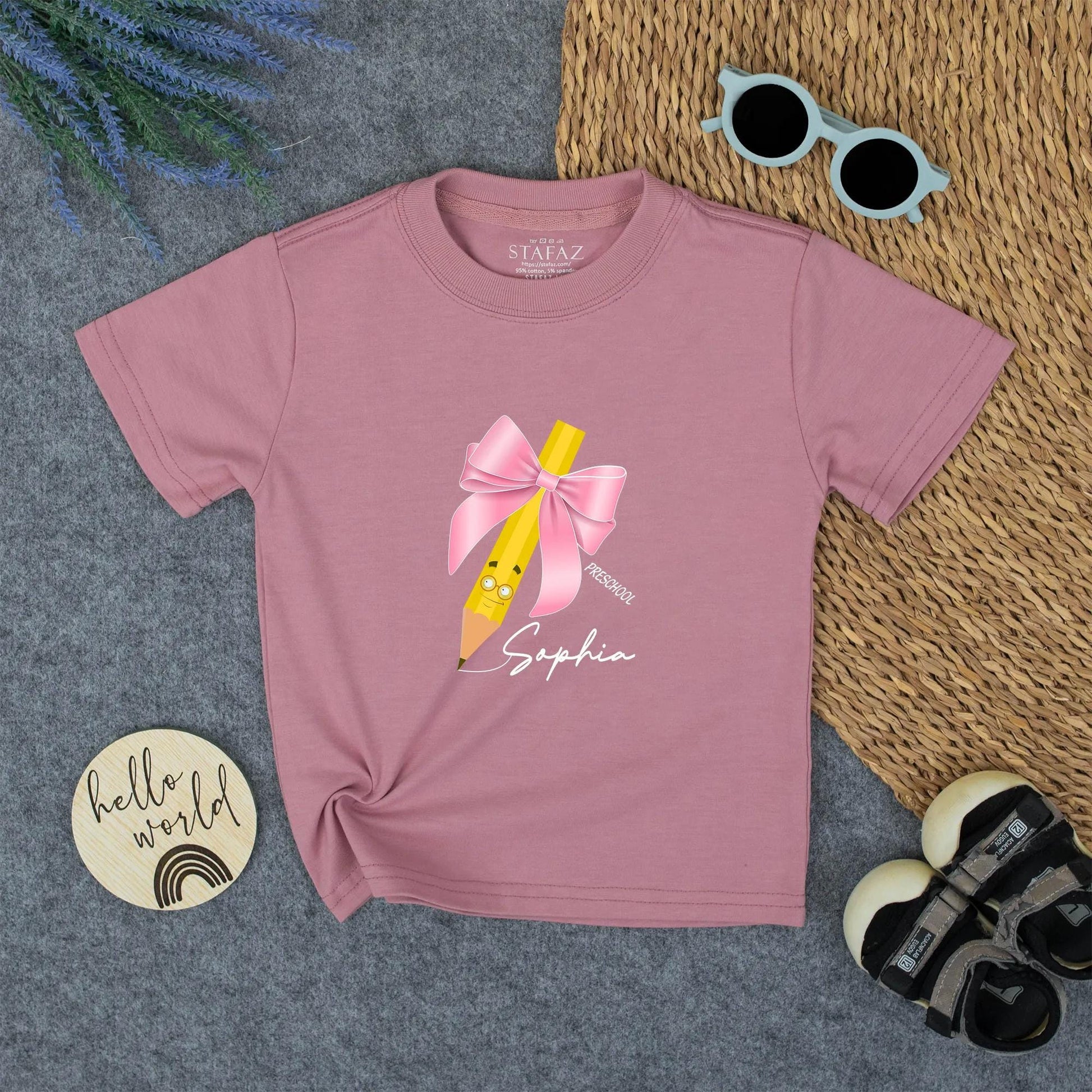 Personalized Cute Yellow Smiling Pencil Back To School Shirt with Pink Bow and Glasses for Girls First Day of Preschool Outfit