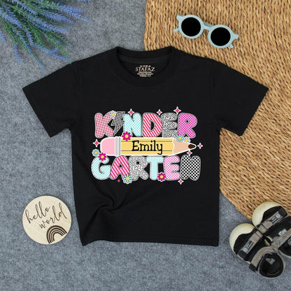 Kindergarten Girl's Custom Name Shirt - Back to School Tee with Whimsical Design - Emily's First Day Gift
