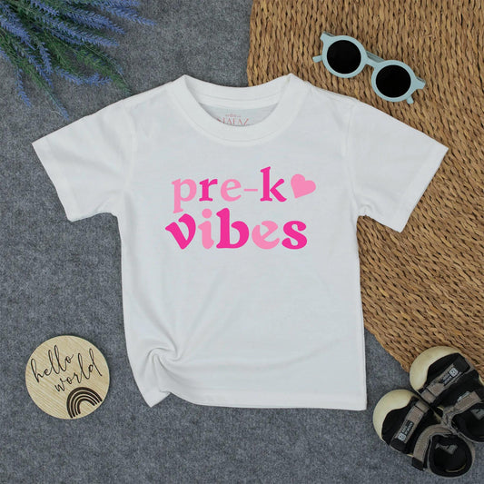 Pre-K Vibes Heart Shirt - Cute Back to School Tee for Toddler Girls, Cheerful Pink Preschool Outfit, Modern First Day of School Tee for Kids (139 chars)