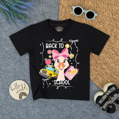 Back to School Girl's Shirt with Whimsical Design First Day Tee Pastel Colors & School Bus Print for Kids, Cute Goose!