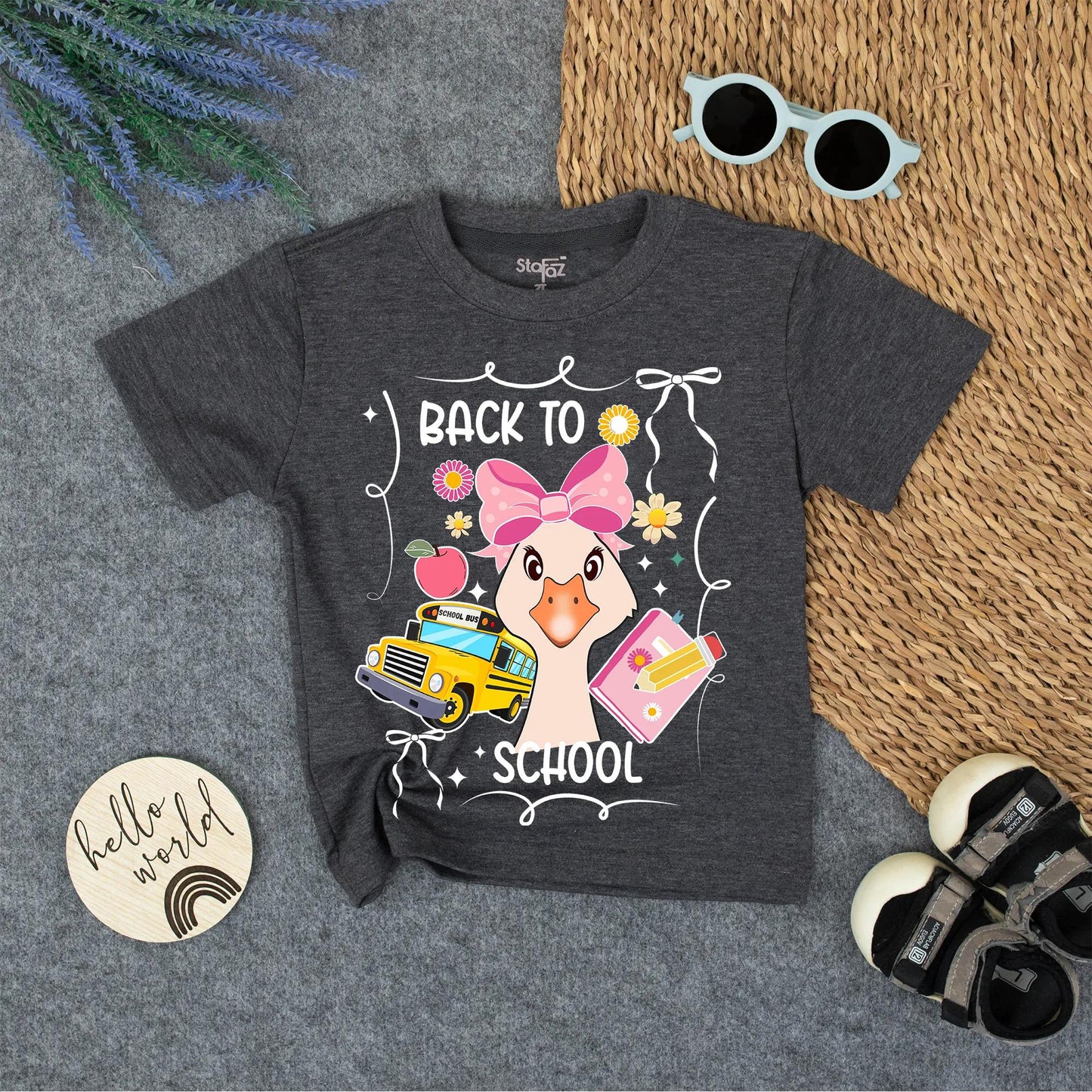 Back to School Girl's Shirt with Whimsical Design First Day Tee Pastel Colors & School Bus Print for Kids, Cute Goose!