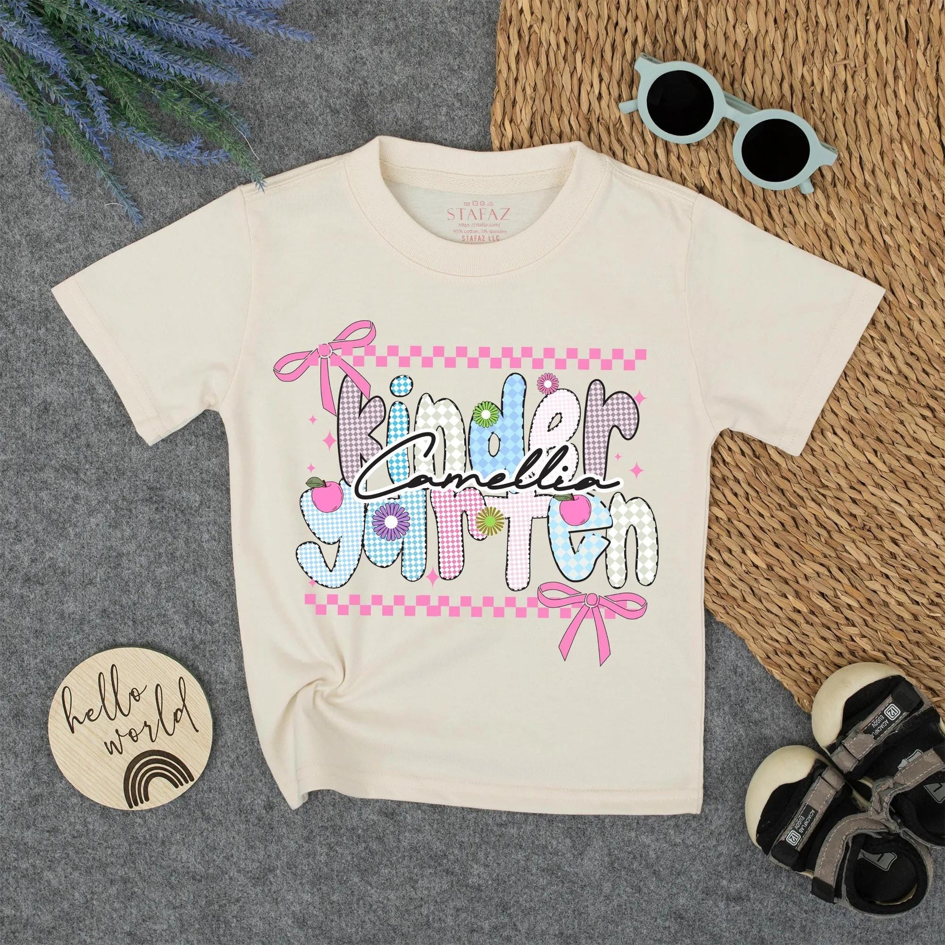 Kindergarten Rainbow Checkerboard Name Shirt Personalized Pink Flower Bows Custom Back To School Girl First Day Outfit