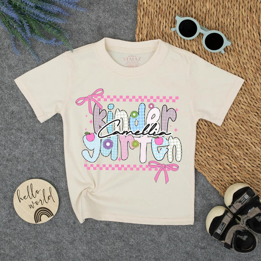 Kindergarten Rainbow Checkerboard Name Shirt Personalized Pink Flower Bows Custom Back To School Girl First Day Outfit