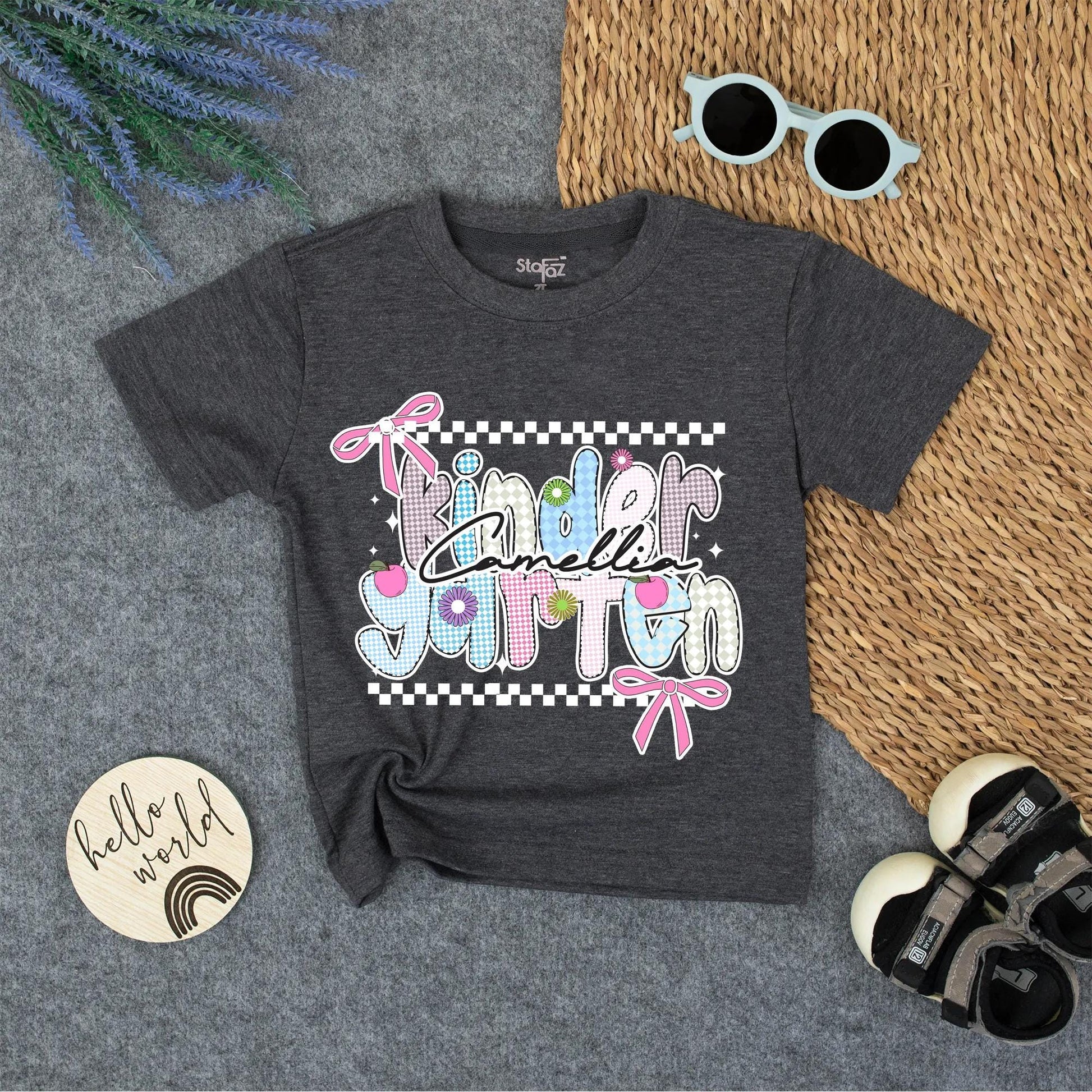 Kindergarten Rainbow Checkerboard Name Shirt Personalized Pink Flower Bows Custom Back To School Girl First Day Outfit