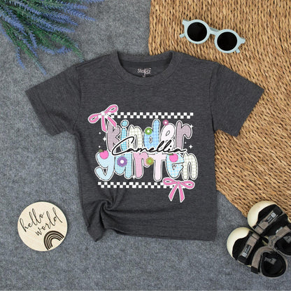 Kindergarten Rainbow Checkerboard Name Shirt Personalized Pink Flower Bows Custom Back To School Girl First Day Outfit