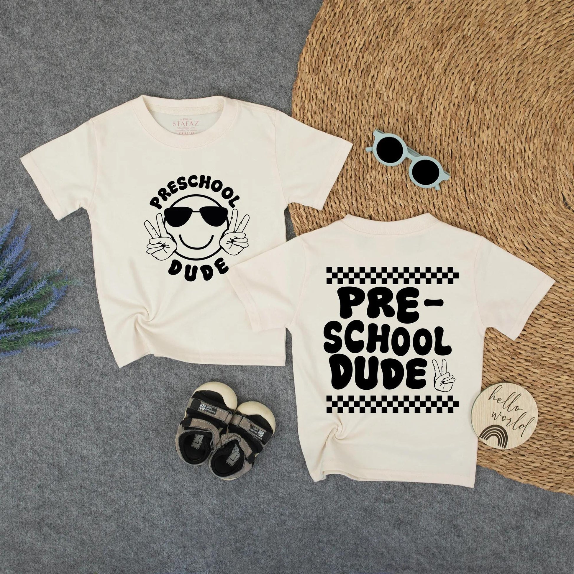 Preschool Dude Shirt - Black Tee with Smiley & Peace Signs, or Checkered Hand Sign - First Day of Pre-K, Hello School