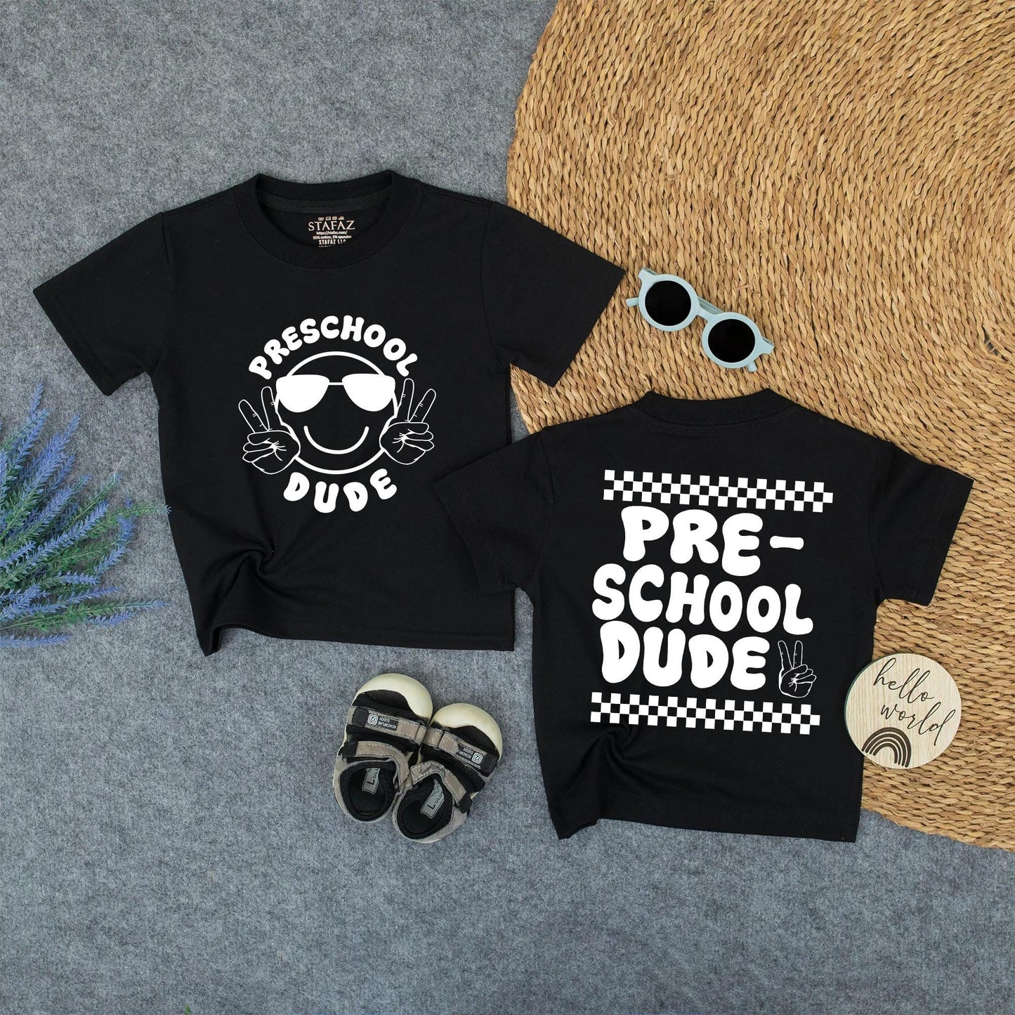Preschool Dude Shirt - Black Tee with Smiley & Peace Signs, or Checkered Hand Sign - First Day of Pre-K, Hello School
