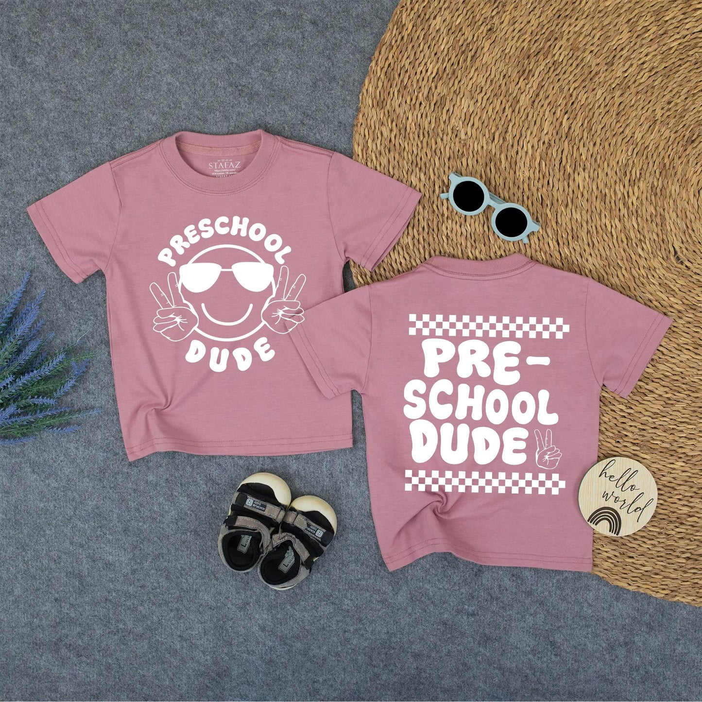 Preschool Dude Shirt - Black Tee with Smiley & Peace Signs, or Checkered Hand Sign - First Day of Pre-K, Hello School