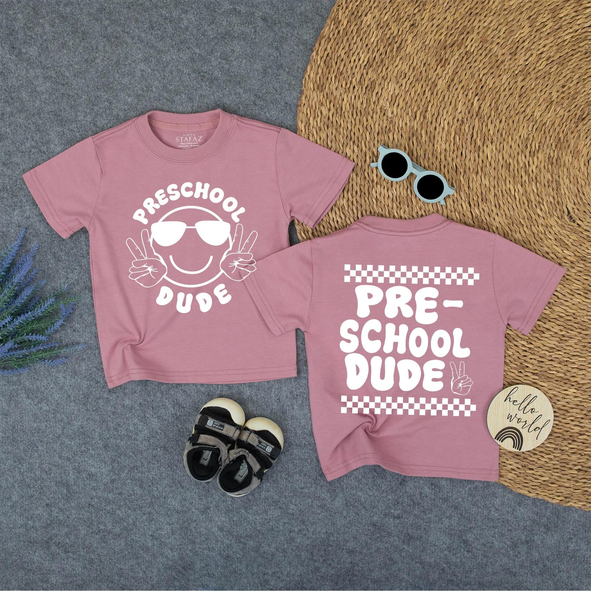 Preschool Dude Shirt - Black Tee with Smiley & Peace Signs, or Checkered Hand Sign - First Day of Pre-K, Hello School