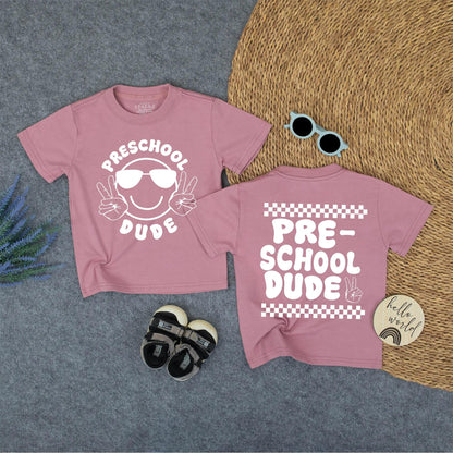 Preschool Dude Shirt - Black Tee with Smiley & Peace Signs, or Checkered Hand Sign - First Day of Pre-K, Hello School