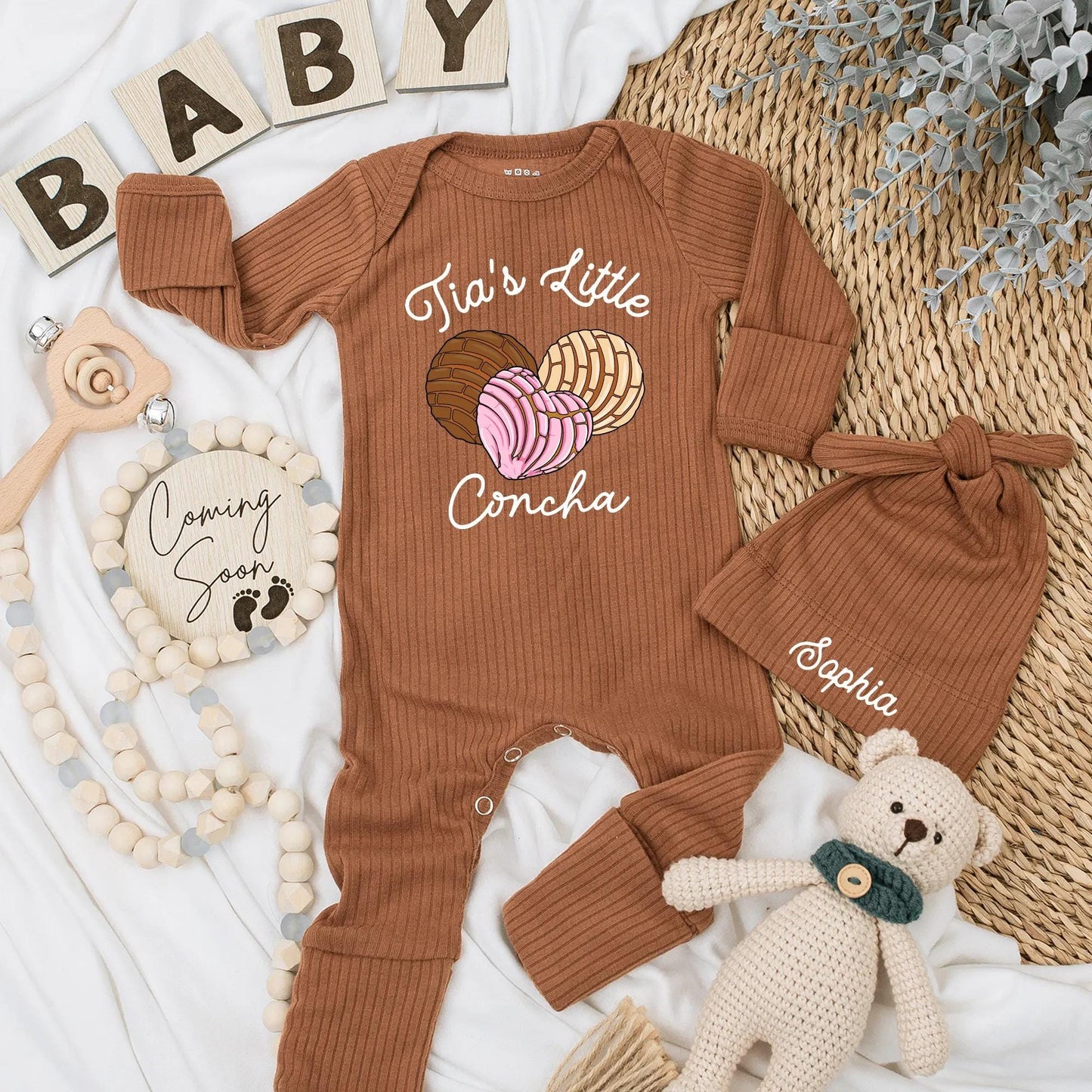 Tia's Little Concha Baby Bodysuit Sweet Bread Design for Niece Nephew Aunt New Baby Gifts Cute Colorful Outfit Shower Gift Brown Pink Tan 137 chars