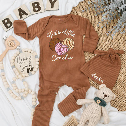Tia's Little Concha Baby Bodysuit Sweet Bread Design for Niece Nephew Aunt New Baby Gifts Cute Colorful Outfit Shower Gift Brown Pink Tan 137 chars