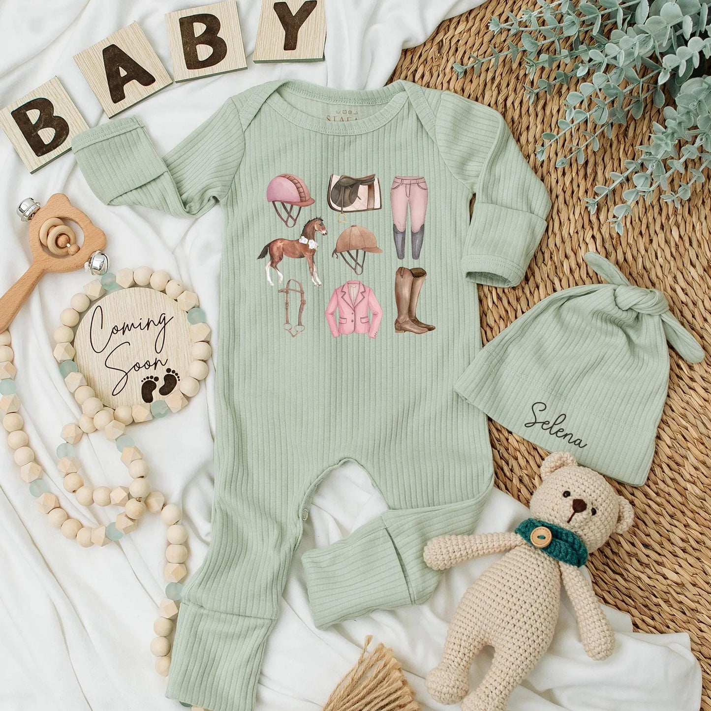Personalized Equestrian Baby Girl Bodysuit Cute Pastel Horse Riding Outfit Newborn Gift Horse Lover Baby Shower Clothes