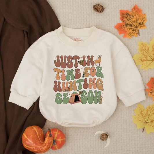 Just In Time For Hunting Season Retro Baby Romper & Future Hunting Buddy Sweatshirt Outfit