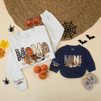 Cute Leopard Pumpkin Mama & Mini Matching Fall Sweatshirts Autumn Leaves Graphic Family Outfits Cozy Thanksgiving Gift