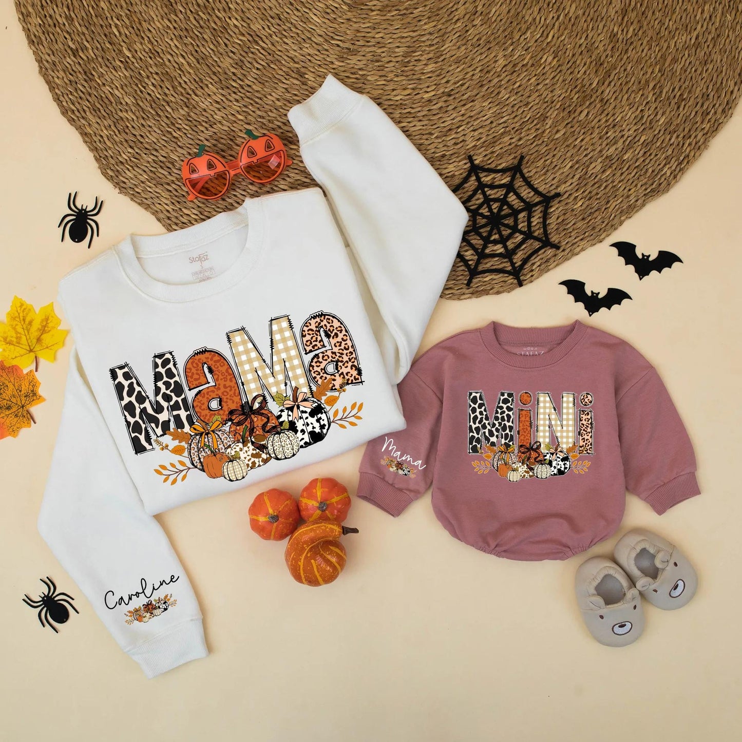 Cute Leopard Pumpkin Mama & Mini Matching Fall Sweatshirts Autumn Leaves Graphic Family Outfits Cozy Thanksgiving Gift