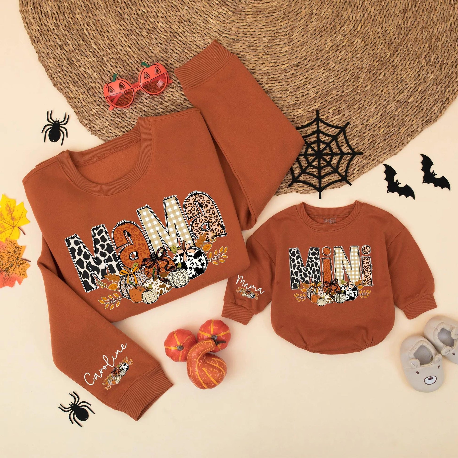 Cute Leopard Pumpkin Mama & Mini Matching Fall Sweatshirts Autumn Leaves Graphic Family Outfits Cozy Thanksgiving Gift