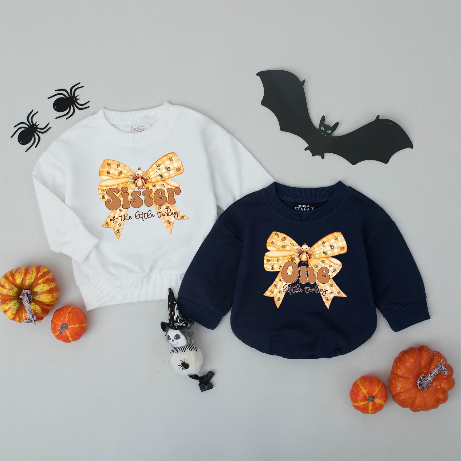 One Little Turkey First Birthday Matching Family Sweatshirt, Cute Fall Outfit for Baby's 1st B-Day, Orange & Yellow Pumpkin Bow Thanksgiving Shirt (139 chars)