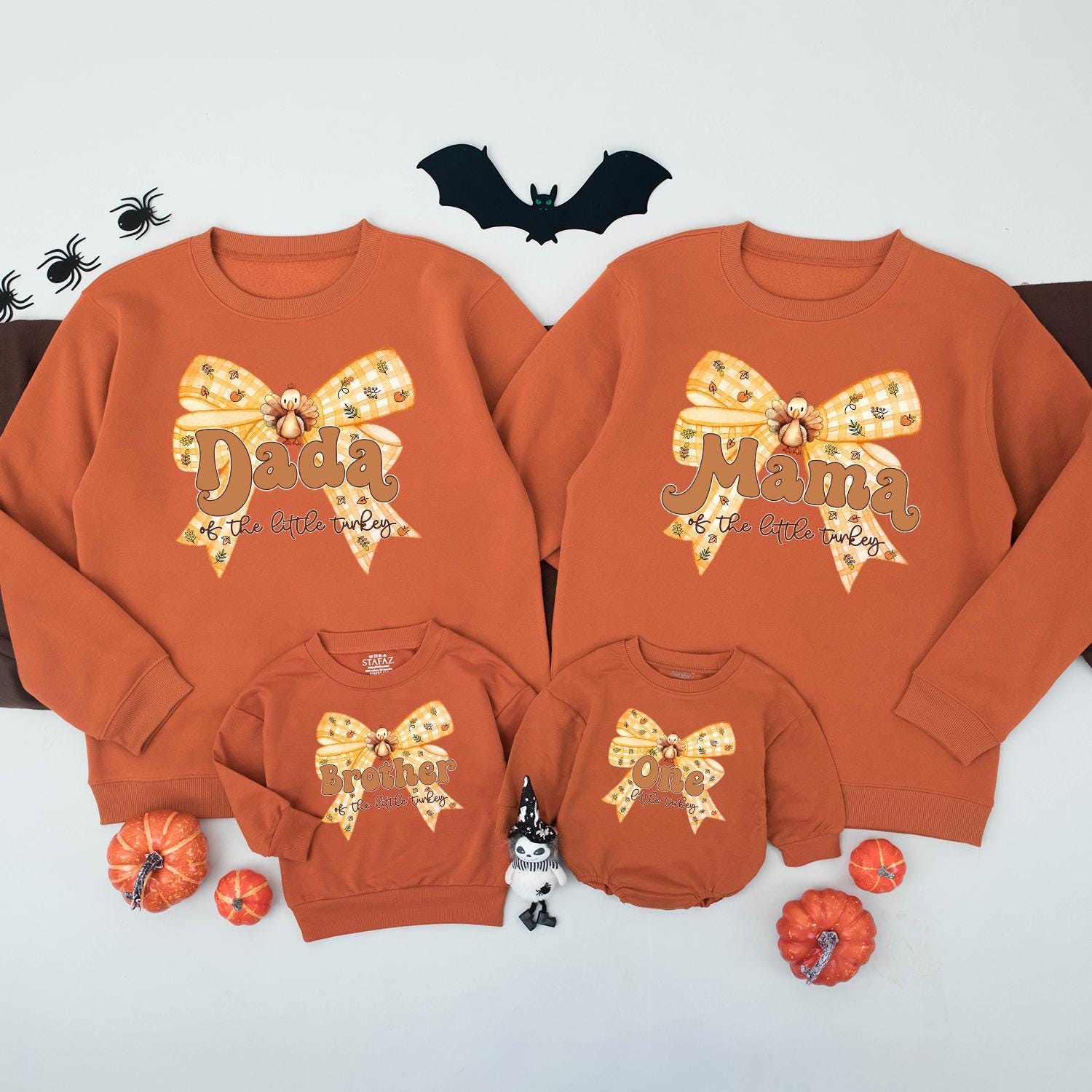 One Little Turkey First Birthday Matching Family Sweatshirt, Cute Fall Outfit for Baby's 1st B-Day, Orange & Yellow Pumpkin Bow Thanksgiving Shirt (139 chars)