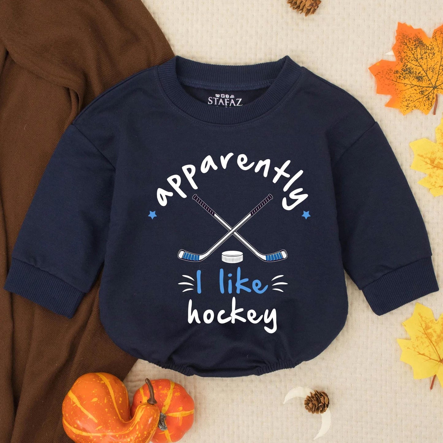 I Like Hockey Baby Romper Sweatshirt Dad’s Little Hockey Buddy Father's Day Gift Blue Stars Toddler Infant Cute Fun Design