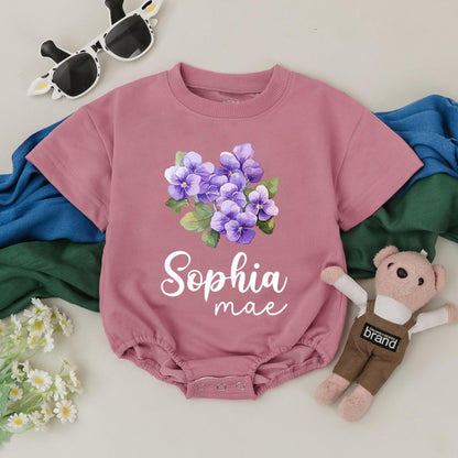 Sophia Mae Violets Floral Bubble Romper Baby Girl Outfit Cute Personalized Flower Bodysuit Custom Name Gift for Baby Shower Newborn Coming Home