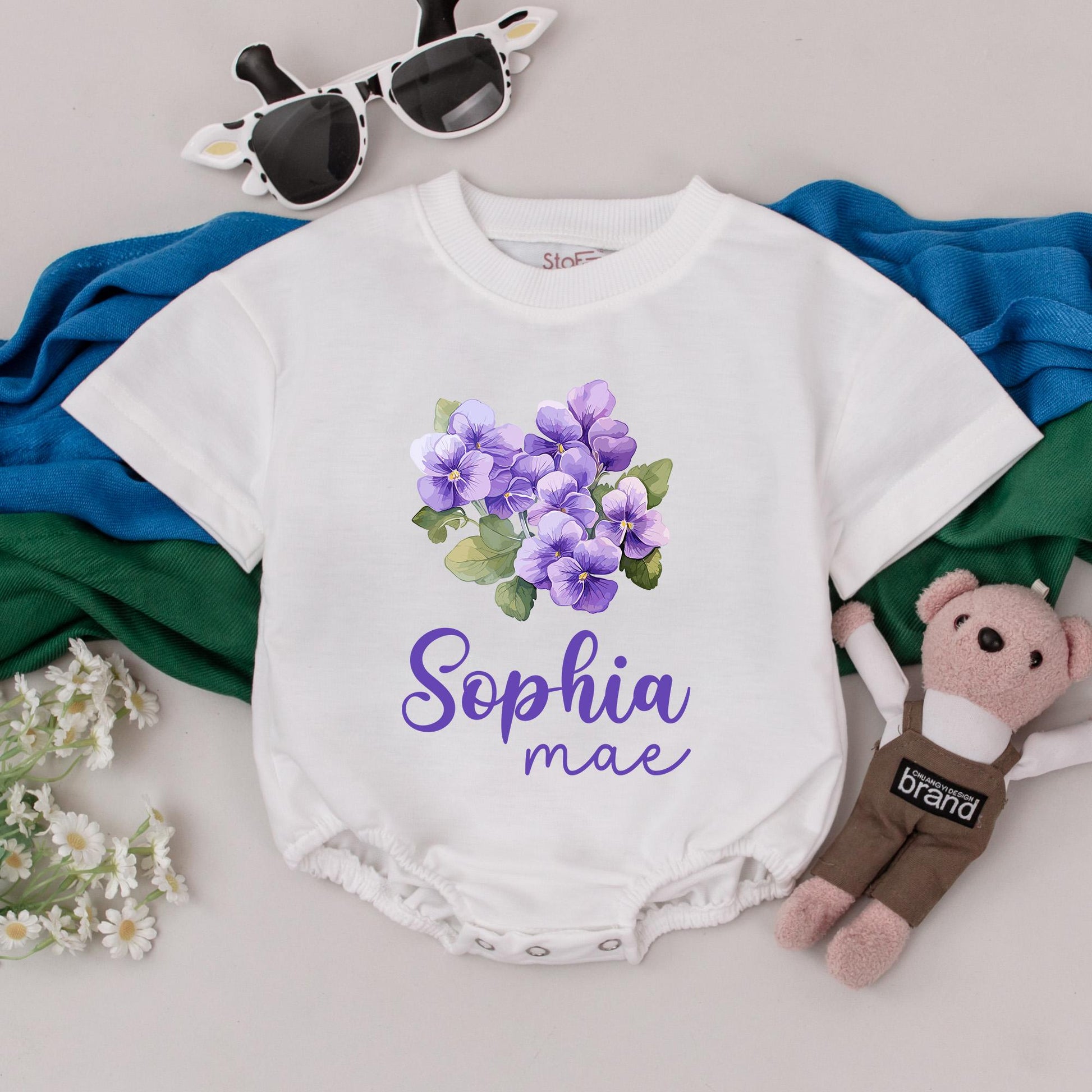 Sophia Mae Violets Floral Bubble Romper Baby Girl Outfit Cute Personalized Flower Bodysuit Custom Name Gift for Baby Shower Newborn Coming Home