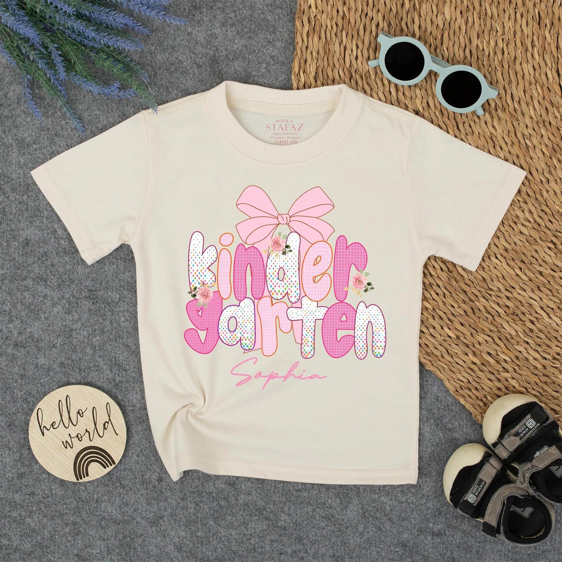 Sophia's Kindergarten School Shirt with Pink Bow Floral Design Personalized First Day Toddler Girl Tee Back to School Outfit