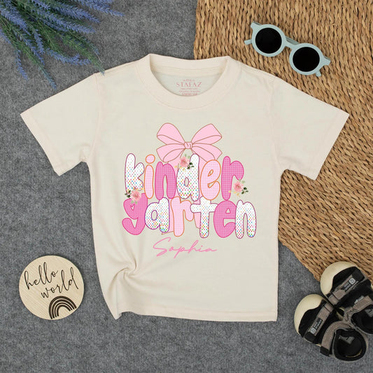 Sophia's Kindergarten School Shirt with Pink Bow Floral Design Personalized First Day Toddler Girl Tee Back to School Outfit