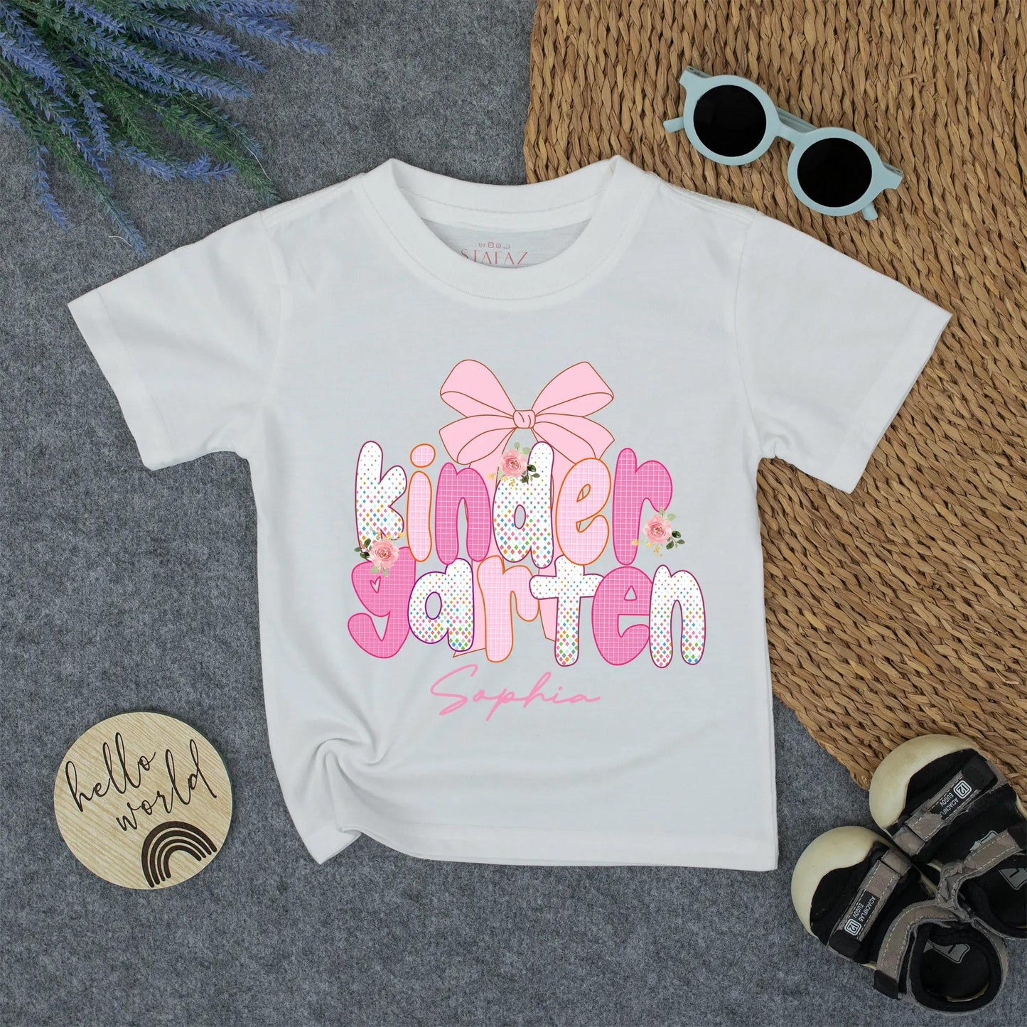 Sophia's Kindergarten School Shirt with Pink Bow Floral Design Personalized First Day Toddler Girl Tee Back to School Outfit