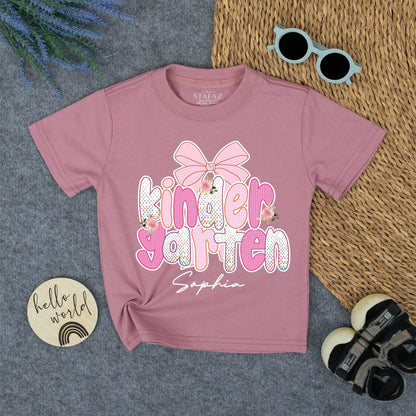 Sophia's Kindergarten School Shirt with Pink Bow Floral Design Personalized First Day Toddler Girl Tee Back to School Outfit
