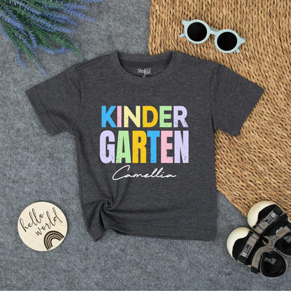 Personalized Kindergarten Shirt for Girls Custom Name Back to School Rainbow Pastel Tee Cute First Day Preschool Outfit Cheerful Design