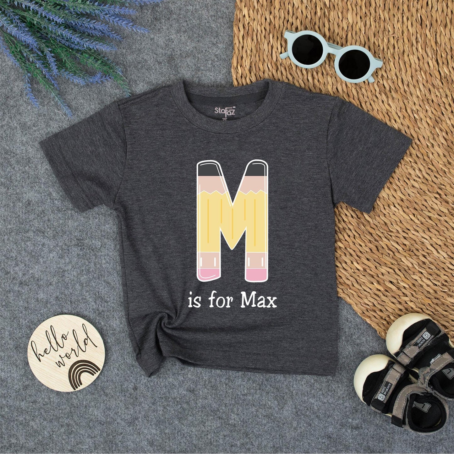 Pencil 'M' is for Max Kid Shirt First Day of School Outfit Toddler Custom Name Tee Back to School Boy