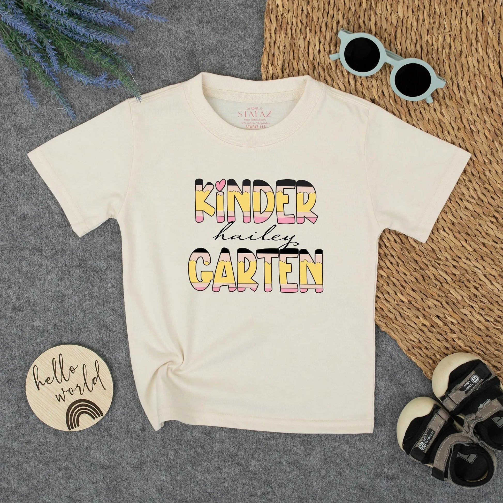 Custom Hailey Kindergarten Pencil Stripe Name Shirt Cute Pink Heart First Day Back to School Girls Toddler Tee