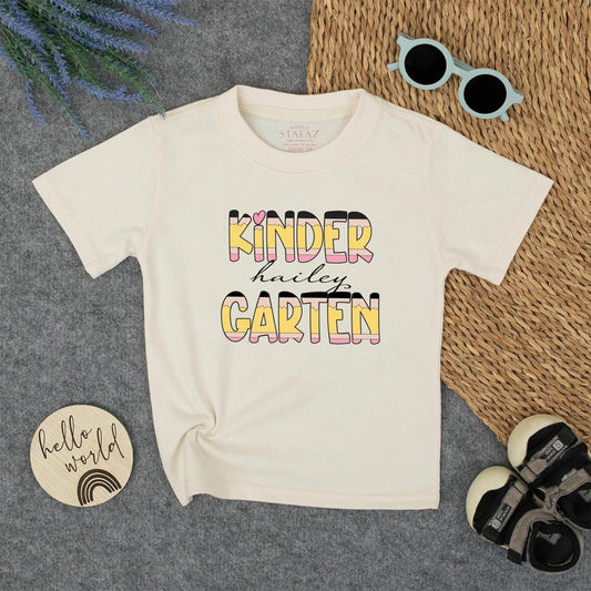 Custom Hailey Kindergarten Pencil Stripe Name Shirt Cute Pink Heart First Day Back to School Girls Toddler Tee