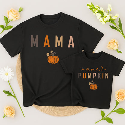 Mama & Mama's Pumpkin Matching Fall Shirts, Mommy and Me Thanksgiving Outfits, Cute Kid's Tee, Matching Family Outfit Warm Muted Colors Baby Toddler  