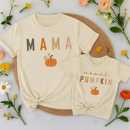 Mama & Mama's Pumpkin Matching Fall Shirts, Mommy and Me Thanksgiving Outfits, Cute Kid's Tee, Matching Family Outfit Warm Muted Colors Baby Toddler  