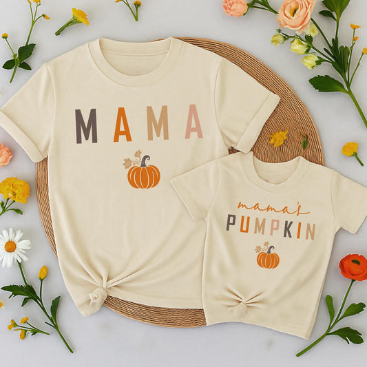 Mama & Mama's Pumpkin Matching Fall Shirts, Mommy and Me Thanksgiving Outfits, Cute Kid's Tee, Matching Family Outfit Warm Muted Colors Baby Toddler  