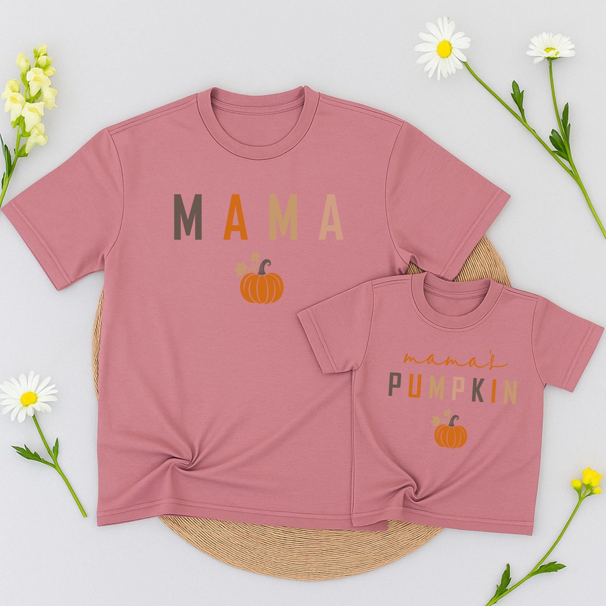 Mama & Mama's Pumpkin Matching Fall Shirts, Mommy and Me Thanksgiving Outfits, Cute Kid's Tee, Matching Family Outfit Warm Muted Colors Baby Toddler  