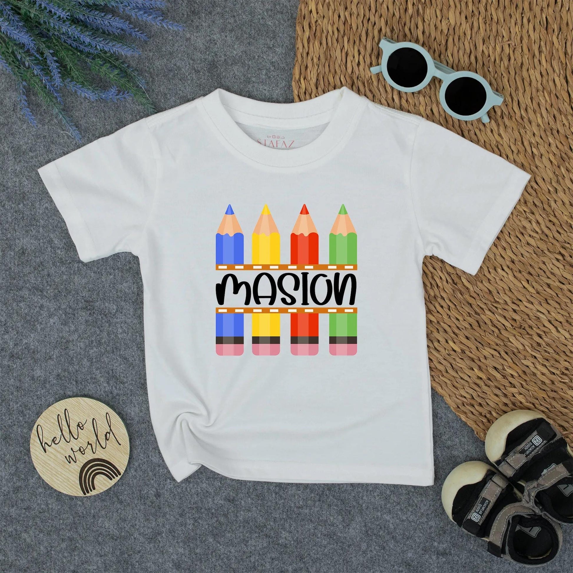 Kids Colorful Crayon Name Shirt School Tee Boys Back to School Kindergarten Preschool Toddler First Day Outfit Gift