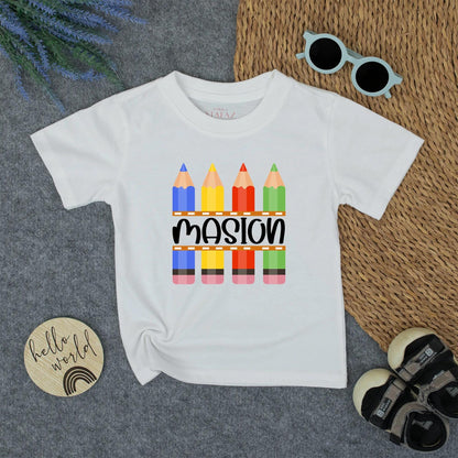 Kids Colorful Crayon Name Shirt School Tee Boys Back to School Kindergarten Preschool Toddler First Day Outfit Gift