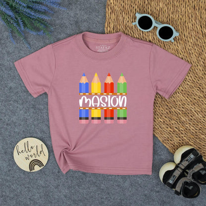Kids Colorful Crayon Name Shirt School Tee Boys Back to School Kindergarten Preschool Toddler First Day Outfit Gift