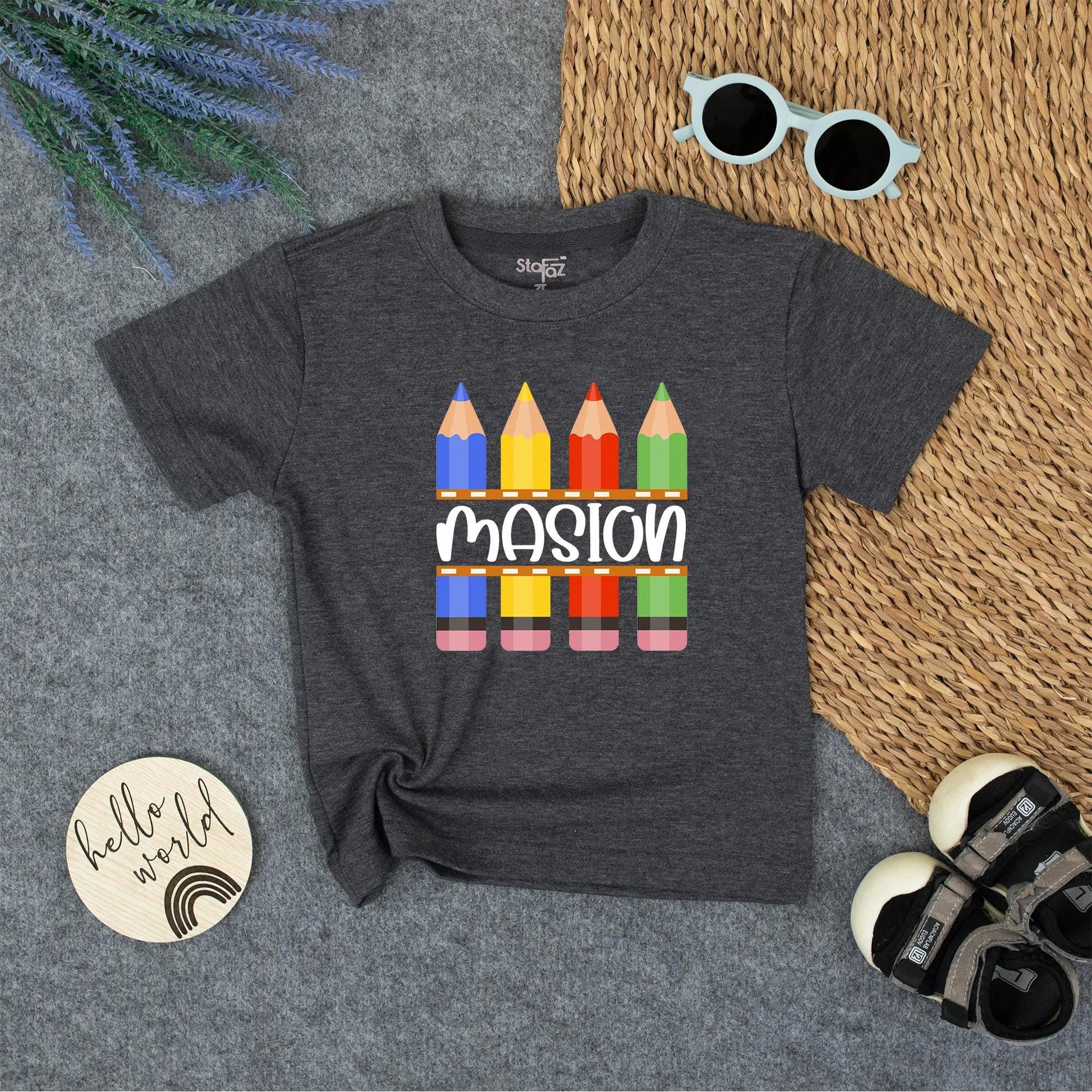 Kids Colorful Crayon Name Shirt School Tee Boys Back to School Kindergarten Preschool Toddler First Day Outfit Gift