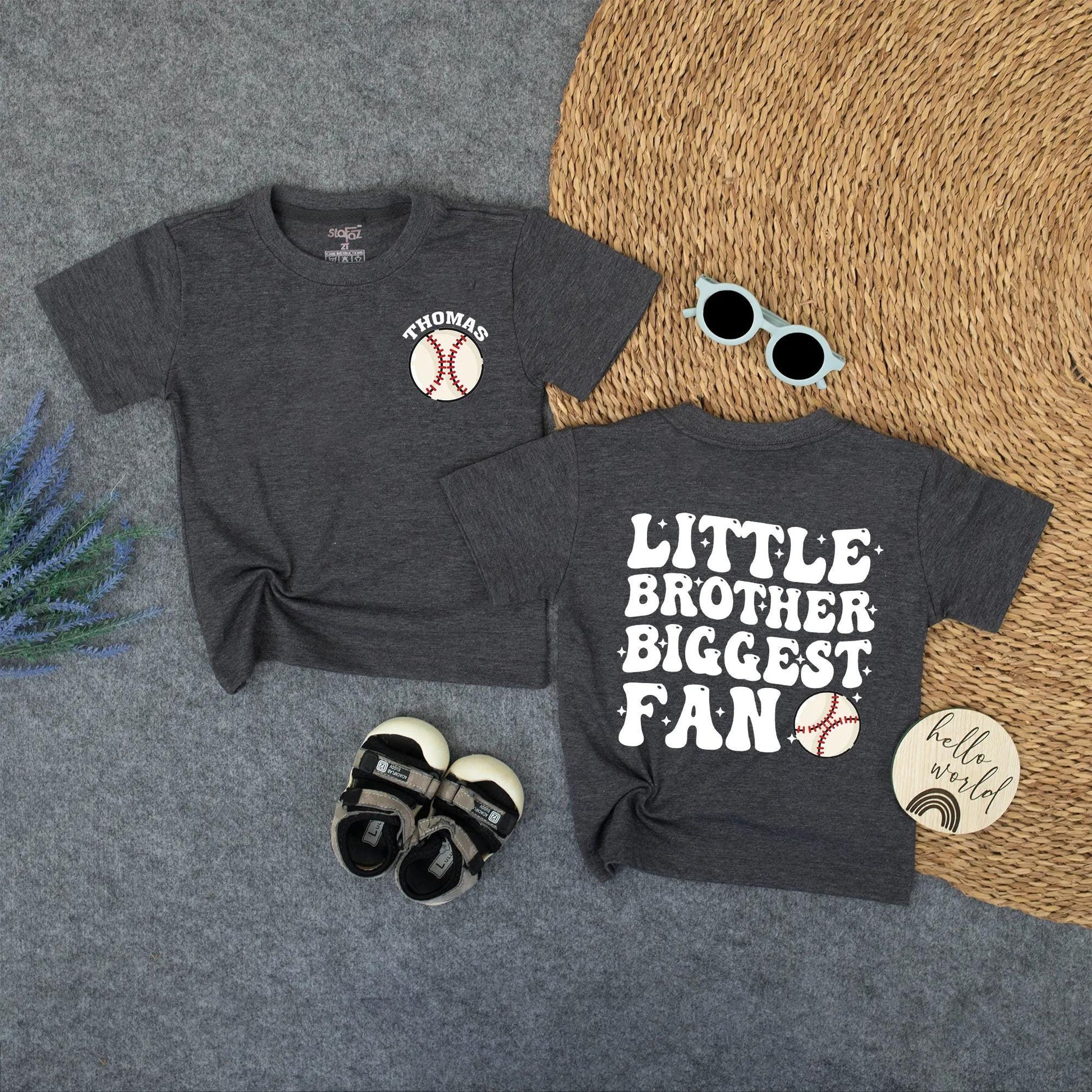 Custom Thomas Baseball Shirt for Little Brother - Biggest Fan Toddler Tee, Personalized Game Day Outfit, Sporty Kids T-Shirt with Red Stitching