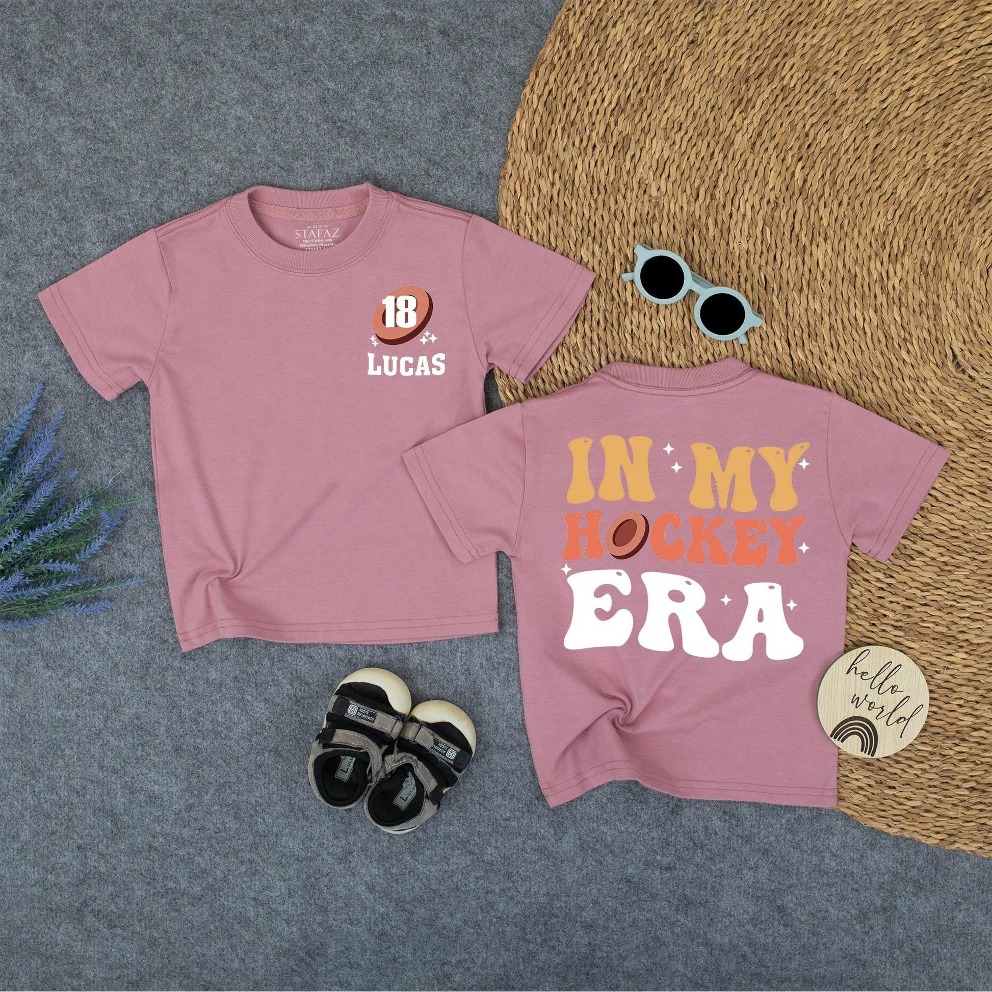 Retro Lucas 18 Hockey Era Shirt for Kids Custom Name Number Vintage Golden Brown Turquoise Psychedelic Style Toddler Back to School Sports Tee Gift