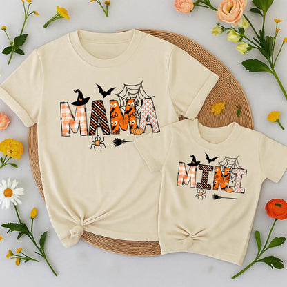 Mama and Mini Halloween Matching Shirts Spooky Pumpkin Spiderweb Witch Hat Black Orange Family Outfits Mommy and Me Party Gift