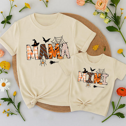 Mama and Mini Halloween Matching Shirts Spooky Pumpkin Spiderweb Witch Hat Black Orange Family Outfits Mommy and Me Party Gift